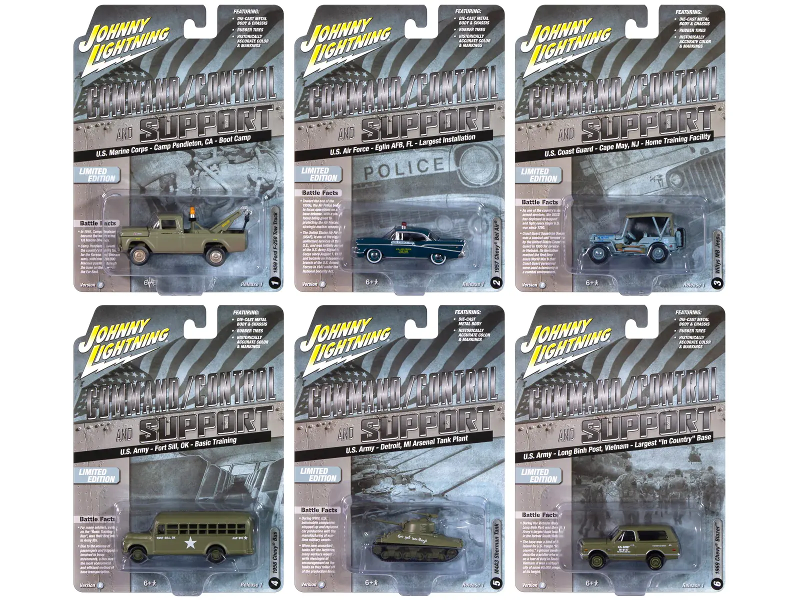 "Military" Set B of 6 pieces 2024 Release 2 Limited Edition 1/64 Diecast Models by Johnny Lightning