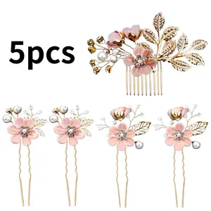 5 pcs Women Wedding Floral Hair Clips Bridal Rhinestone Flower Wedding Hair Pins Crystal Pearl Hair Pins Clips Headpiece Fashion Accessories