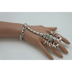 Women Fashion Jewelry Gold Metal Hand Chain Wrist Bracelet Stylish Bling Scorpion Ring Connected One Size (Silver)