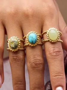 Ladies' Gold Ring Classic Style Ring Stainless Steel 18k Gold-Plated Waterproof Blue Turquoise, African Turquoise, Green Natural Stone Adjustable Opening Bohemian Style Jewelry Summer Essential Beach Vacation Style Ring Fashion Stackable Rings