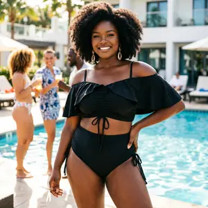 2026 New Model Plus Size Bikini Set - Black Off Shoulder Ruffle Swimsuit For Women - Adjustable Drawstring Two Piece Bathing Suit - Curve  Style - Sizes 12-22