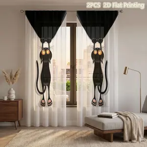 2-Pack Hanging Cat Sheer Curtains, Fun 2D Cat Print Drapes, All-Season Decor for Pet Lovers, Kids Room, Living Room, Bedroom