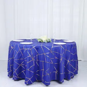 Polyester Round Tablecloth 120" Royal Blue with Gold Foil Geometric Pattern - Seamless & Wrinkle-Resistant Table Cover