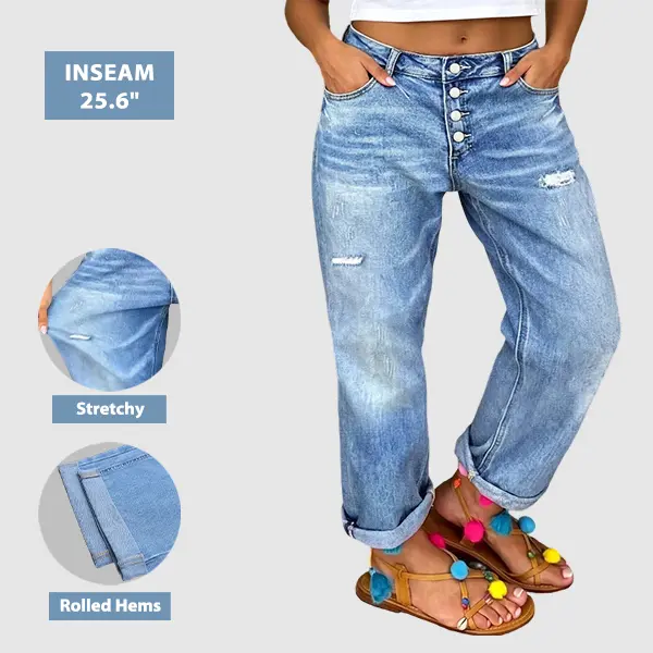 Flamingals Wash Ripped Roll Hem Button Fly Mid Rise Straight Leg Crop Jeans Womenswear Stretchy