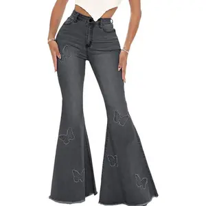 Bell Bottom Jeans for Women Vintage High Waisted Ripped Hole Raw Hem Denim Flare Jeans Pants Trouser Streetwear Basic Womenswear