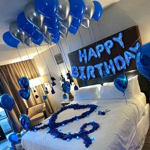 Blue Happy Birthday Foil Balloon Kit, Including Blue Heart-shaped Balloons, Blue Rose Petals, and Silvery-chrome Latex Balloons, Suitable for Birthday Parties, Family Gathering Backdrops, Blue-themed Birthday Party Decorations