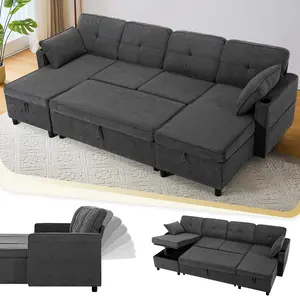 ACMEASE 110" U-Shaped Pull Out Sofa Bed w/ Adjustable Backrests, Tufted Sectional Sofa w/Storage Chaises & USB Ports, Fabric Sleeper Couch w/Cup Holders for Living Room