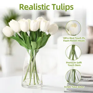 【GARVEE】Artificial Tulip Flowers in Glass Vase with Realistic Water – White Faux Tulip Arrangement – Elegant Silk Floral Centerpiece for Home, Restaurant, Wedding Decor – 1.7''W x 14''H