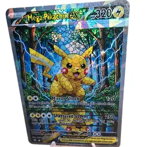 Mega Pikachu ex Mirror Stained Glass Design Fractal Glass Finish Standard Size NEW OPTIONAL TOUGHSKIN TEXTURE (see video) English Back One of a Kind Art Display Card! WOW