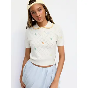 Cider Knit Peter Pan Collar Snail Embroidery Pointelle Top