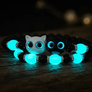 2Pcs Whimsy Cat Glow-in-the-Dark Cartoon Cat Beaded Stretch Bracelet Set, Resin Rhinestone Mosaic, Glitter Style, Daily & Party Wear, Unisex Jewelry Bracelet Set Gift