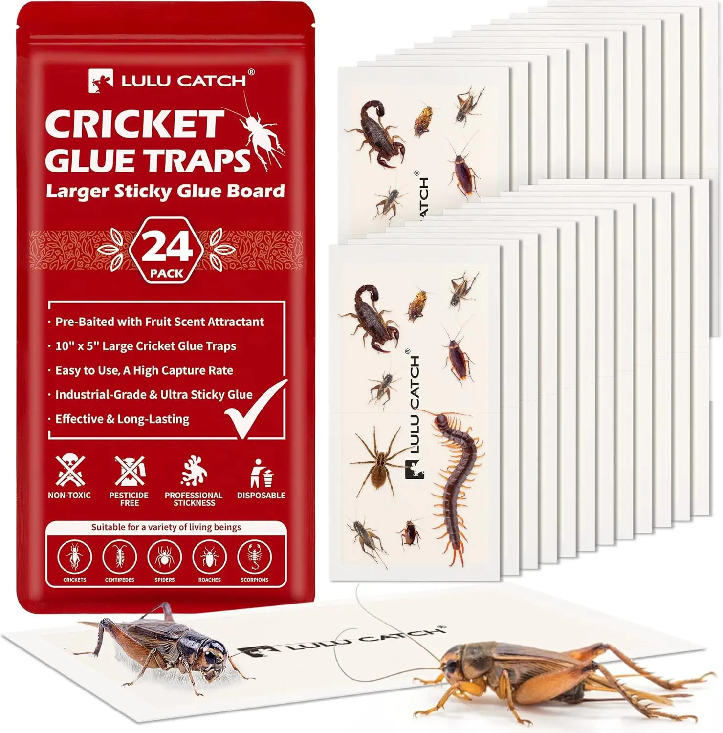 Cricket Insect Glue Traps - 24 Pack Bug Cockroach Sticky Traps, Large Spider Trap with Pre-Baited Attractant, Highly Effective Glue Boards Indoor, Non-Toxic Pet Safe, Easy to Use