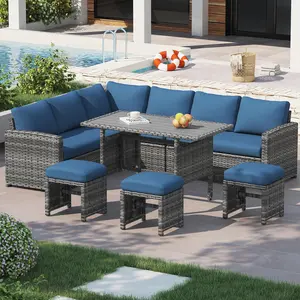 【Multiple packages arrived at different times】YODOLLA Furniture Set, 7 Pieces Outdoor Sectional Sofa Conversation Set All Weather Wicker Rattan Couch Dining Table & Chair with Ottoman