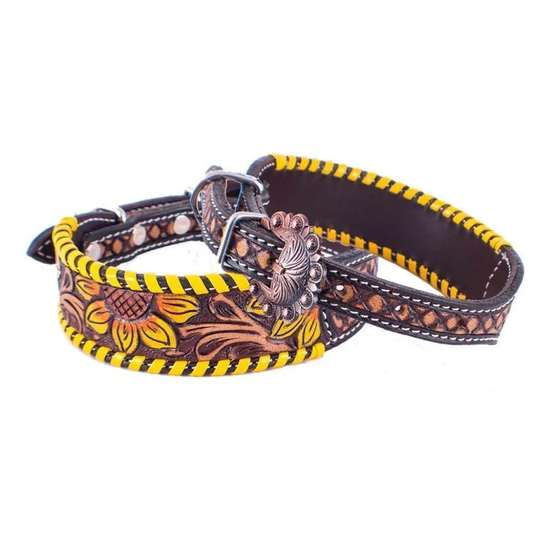 Leather Dog Collar Sunflower tooled leather dog collar with yellow laced trim