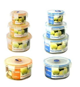 3-Piece Round Air-Tight Silicone Ring Food Storage Containers, 300ml, 680ml, 1200ml Kitchen Preserving Containers