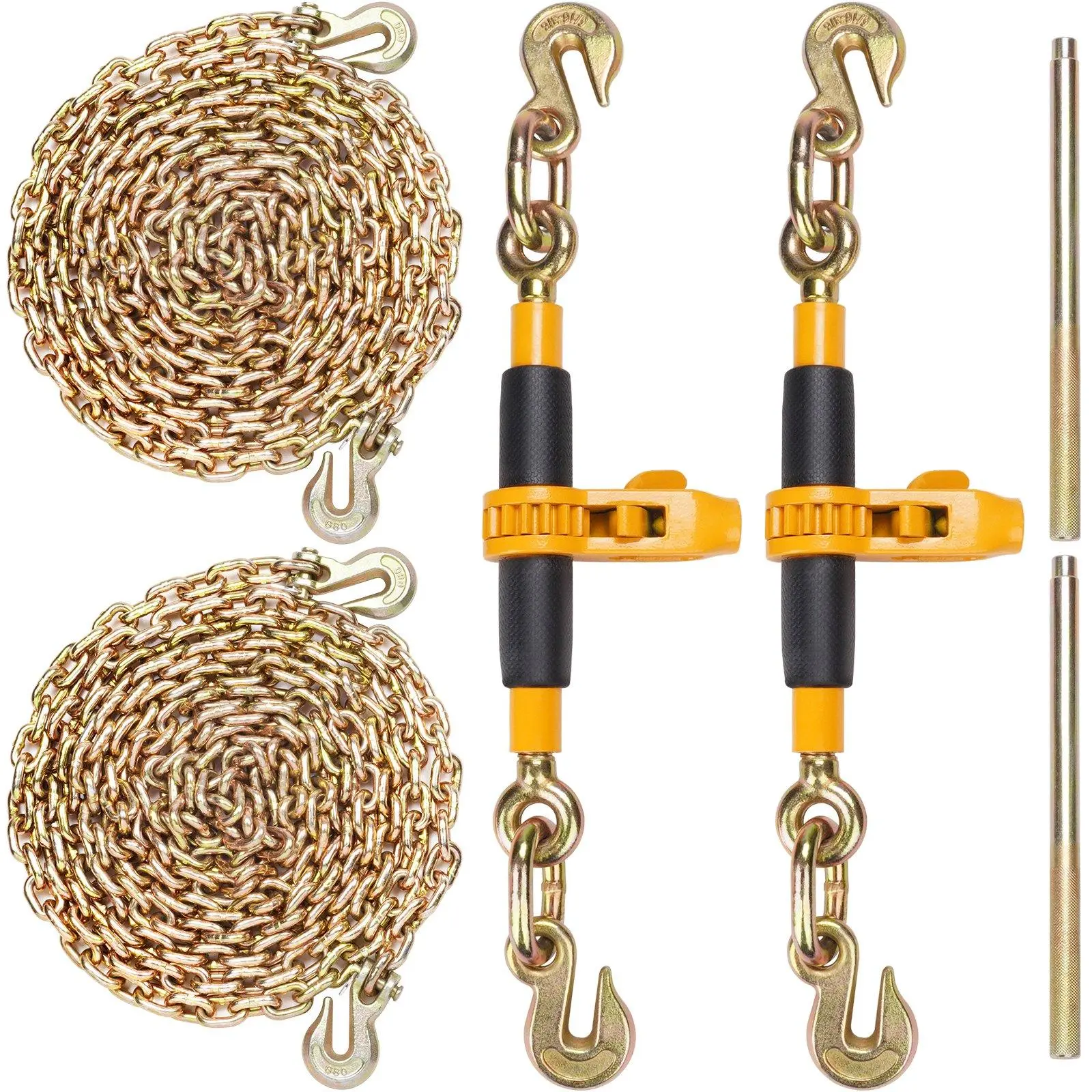 【summerfinds】VEVOR Ratchet Chain Binder 2PCS, 3/8"-1/2" Heavy Duty Load Binders, with G80 Chains 12000 lbs Secure Load Limit, Labor-saving Anti-skid Handle, Tie Down Hauling Chain Binders for Flatbed Truck Trailer