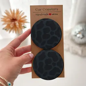 All Black Everything | 2/4Pcs Dark Cowhide Desk Coasters - Non-Slip, Cool Office Decor for Men & Women，Birthday, Christmas, Halloween, Thanksgiving, New Car Gift