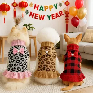 1pc Adorable Christmas Red Check Dog Sweater Dress with Bow for Small Dogs Winter Warm Dog Turtleneck Sweater Soft Puppy Knitwear Clothes Cute Doggie Dresses for Teacup Dog Yorkie Chihuahua Poodle