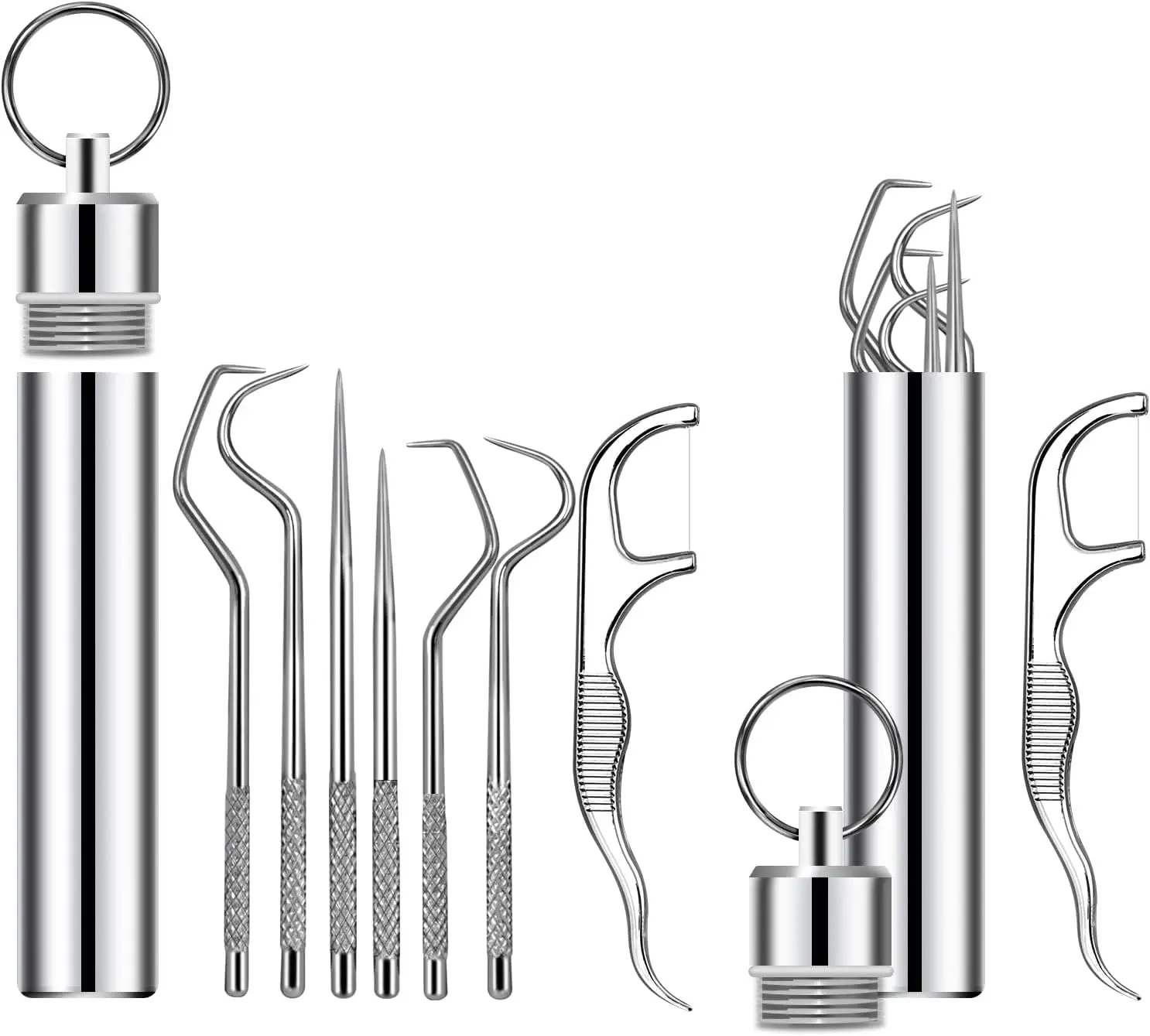Stainless Steel Toothpick Pocket Keychain Set, 14pcs Antibacterial Dental Cleaning Tools Kit - Tooth Picks Dental, Plaque Tartar Remover, Tooth Scraper for Outdoor Activities
