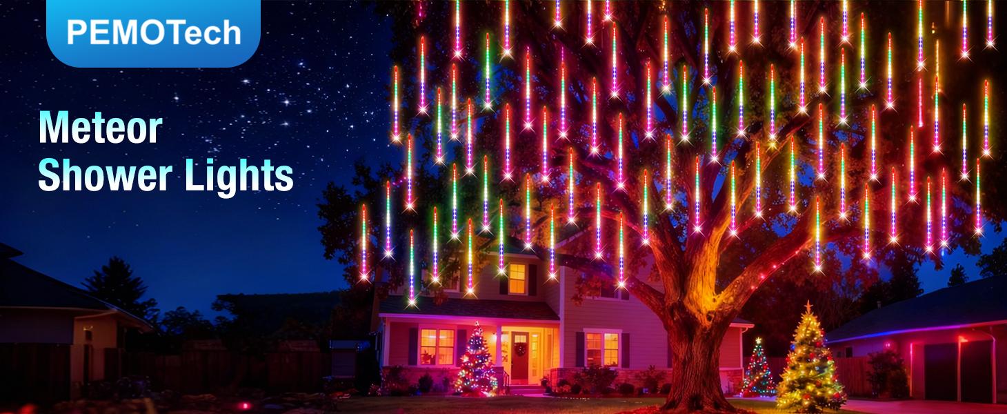 4th of July Independence Day Decorations - PEMOTech 24 Tubes Meteor Shower Lights, 30cm 576 LED Falling Raindrop Lights, Waterproof Outdoor Decor for Memorial Day Garden Pathway