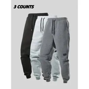 Men's Solid Color Casual Sports Sweatpants, Fall Winter Comfortable Loose Fit Long Pants, Street Style Drawstring Joggers, 3 Pack