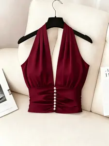 Women’s V-Neck Cross Collar Blouse Sleeveless Shiny Fabric Elegant Office Commuter Top, cross collar top, sleeveless office blouse, elegant commuter top, business casual women, shiny fabric blouse