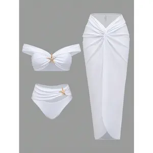 Women's 2pcs Bikini Set Featuring a White Off-the-shoulder Top Paired with High-waisted Bottoms; the Sarong-style Skirt Features a Front Tie Closure and Is Embellished with Golden Starfish Accents; Beachwear,crystals bikini,thong bikini,chic design