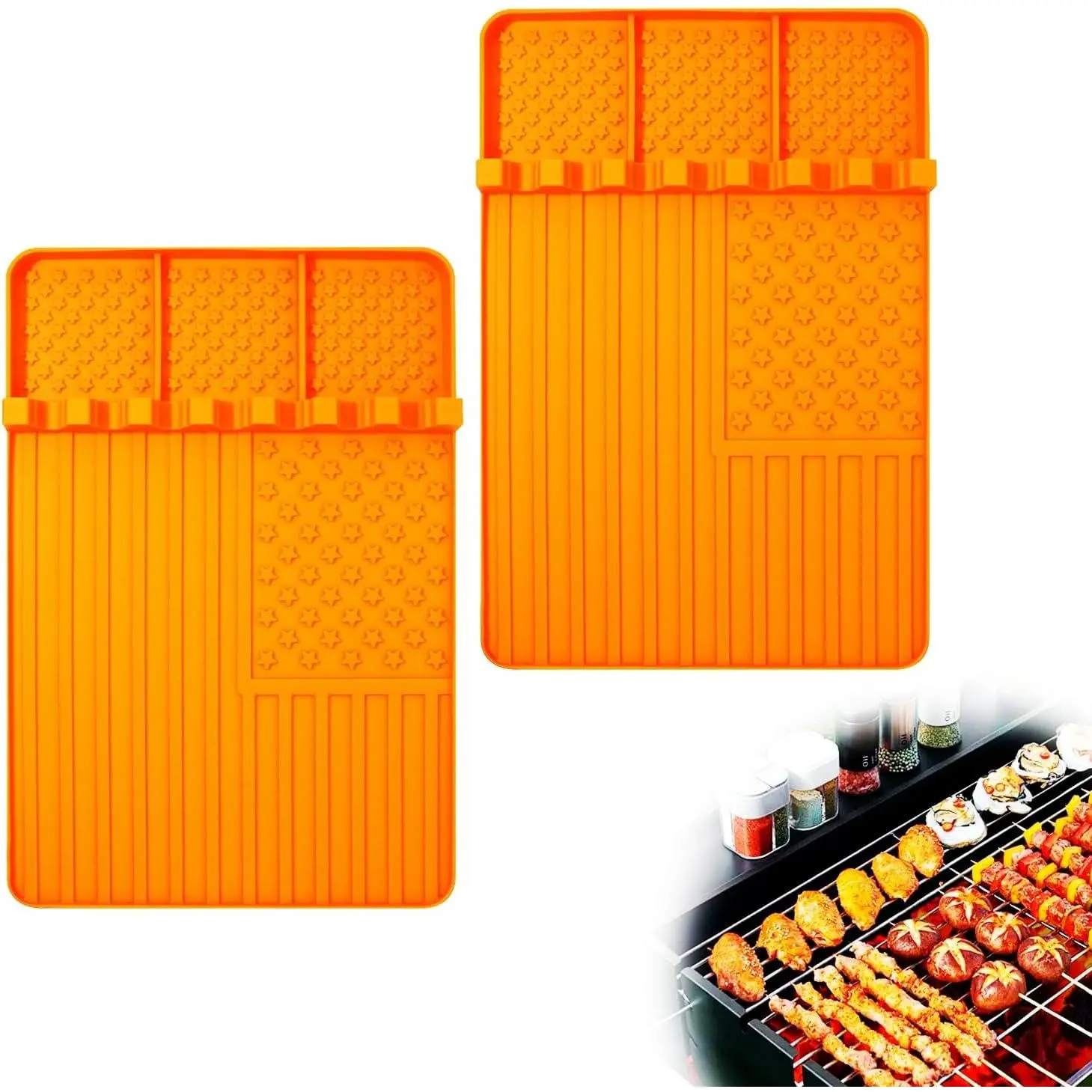 Orange 2-Stripe Silicone Griddle Mat (15.5x10.5 in) - Raised Stripes, Heat-Resistant, Anti-Slip Blackstone Griddle Accessory with Drip Pad, Spatulas for Kitchen Holder, Protects Grill, Prevents Stains for Grill Owners