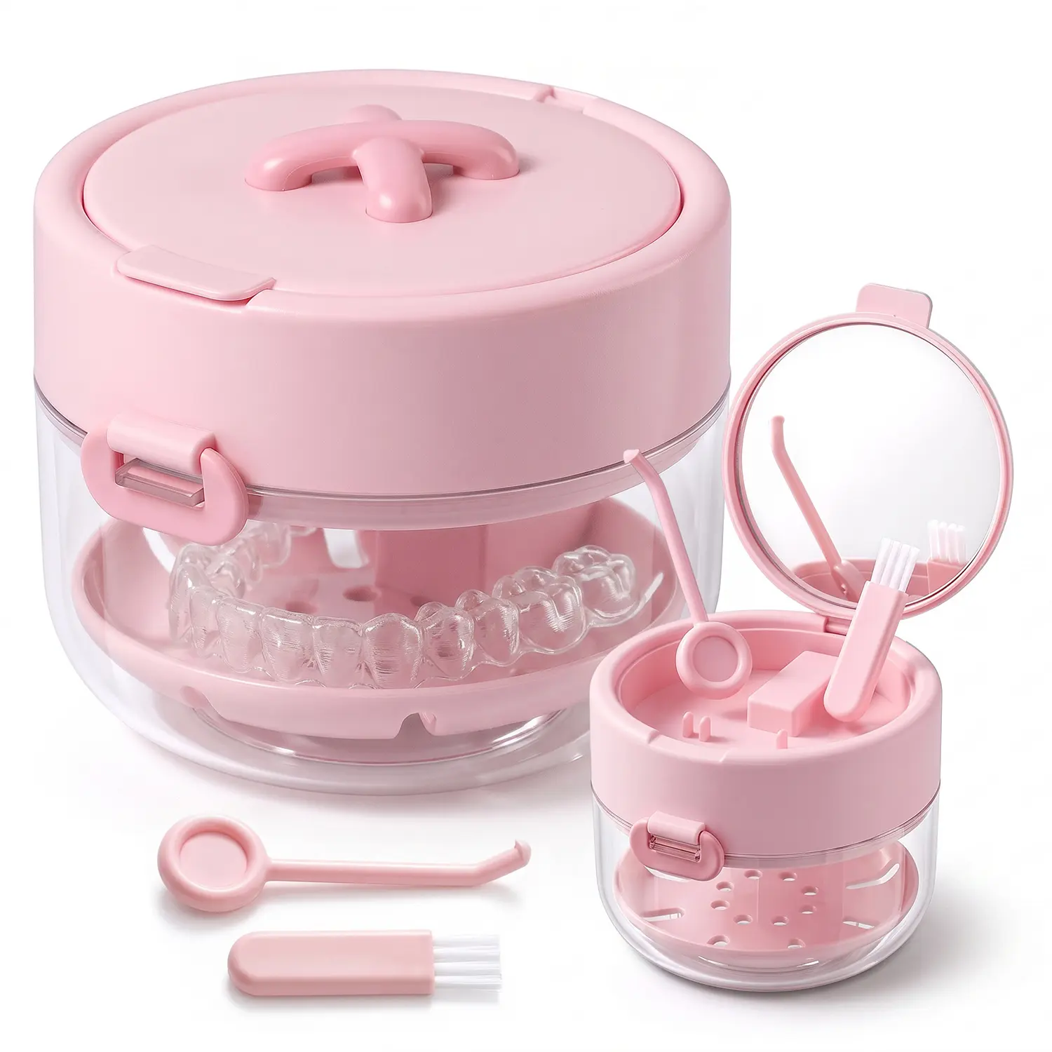 3-in-1 Retainer Cleaner Case Box,Storage Soak Container with Drain Tray for Travel Cleaning with Mirror and Brush