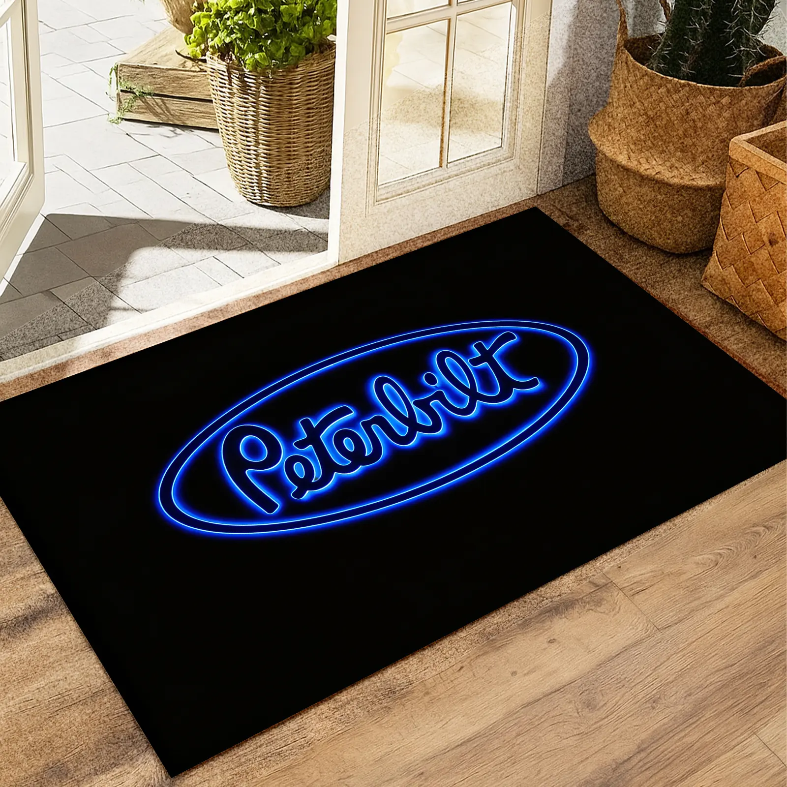 Blue Neon Peterbilt Doormat, Retro Truck Brand Design,  Entrance Mat Anti Slip Mat Cool Theme Rug Durable Entry Mat for Trucker Homes & Man Caves