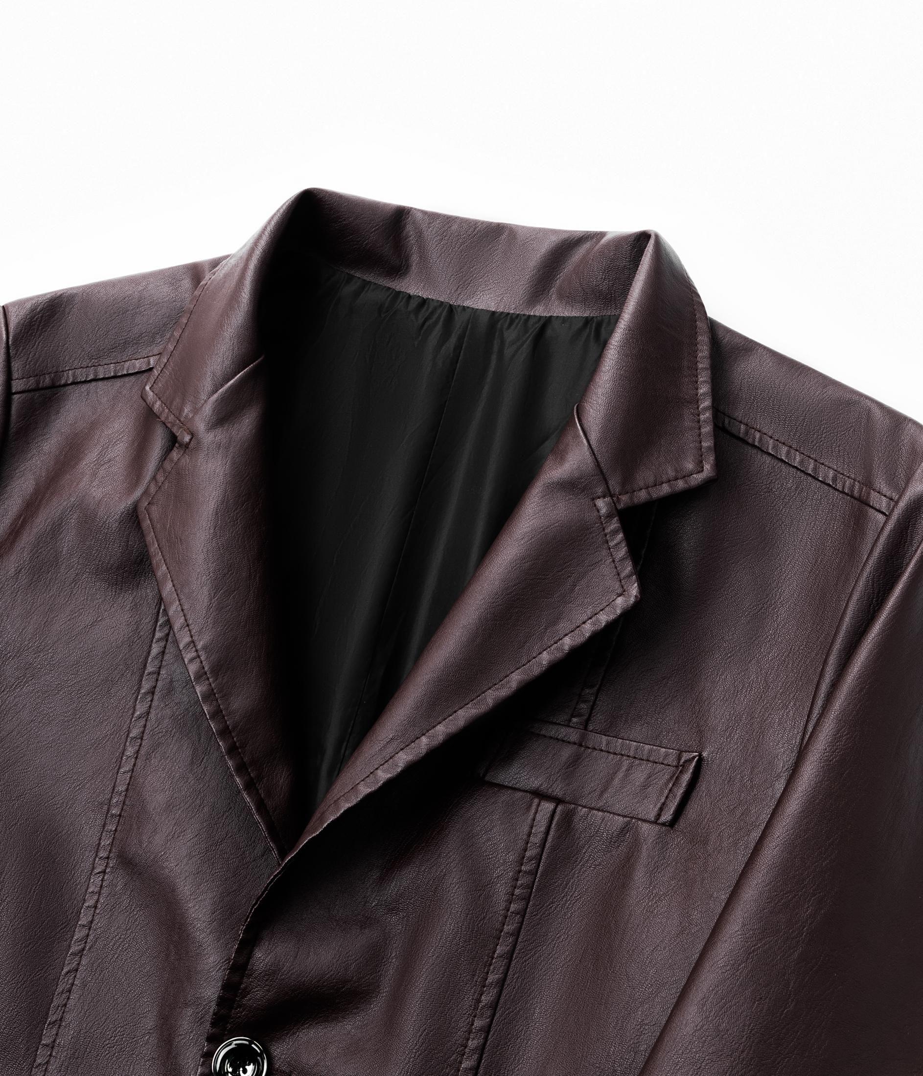Men's Chic Faux Leather Slim-Fit Double-Button Blazer - Plain, Do Not Iron Business Casual Menswear for All-Seasons Commuting