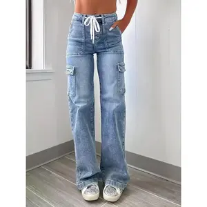 2025 New Straight-Leg Jeans Casual Drawstring Multi-Pocket Functional Cargo Pants Women's Bottoms
