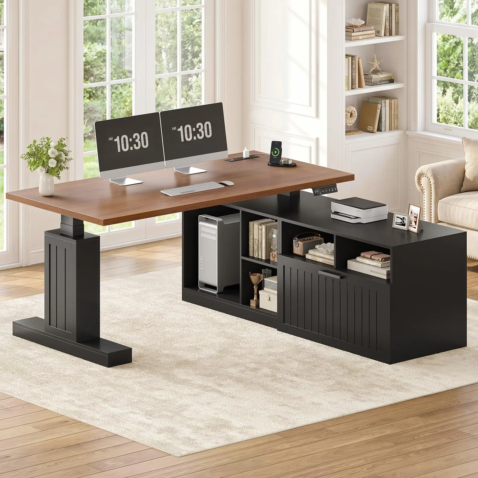 Farmhouse L Shaped Executive Electric Standing Desk with Power Outlet, 55.1" X 54.3" Height Adjustable Office Desk with Drawer, File Cabinet & Storage Shelves, Sit Stand Computer Desk for Home Office, Black and Brown