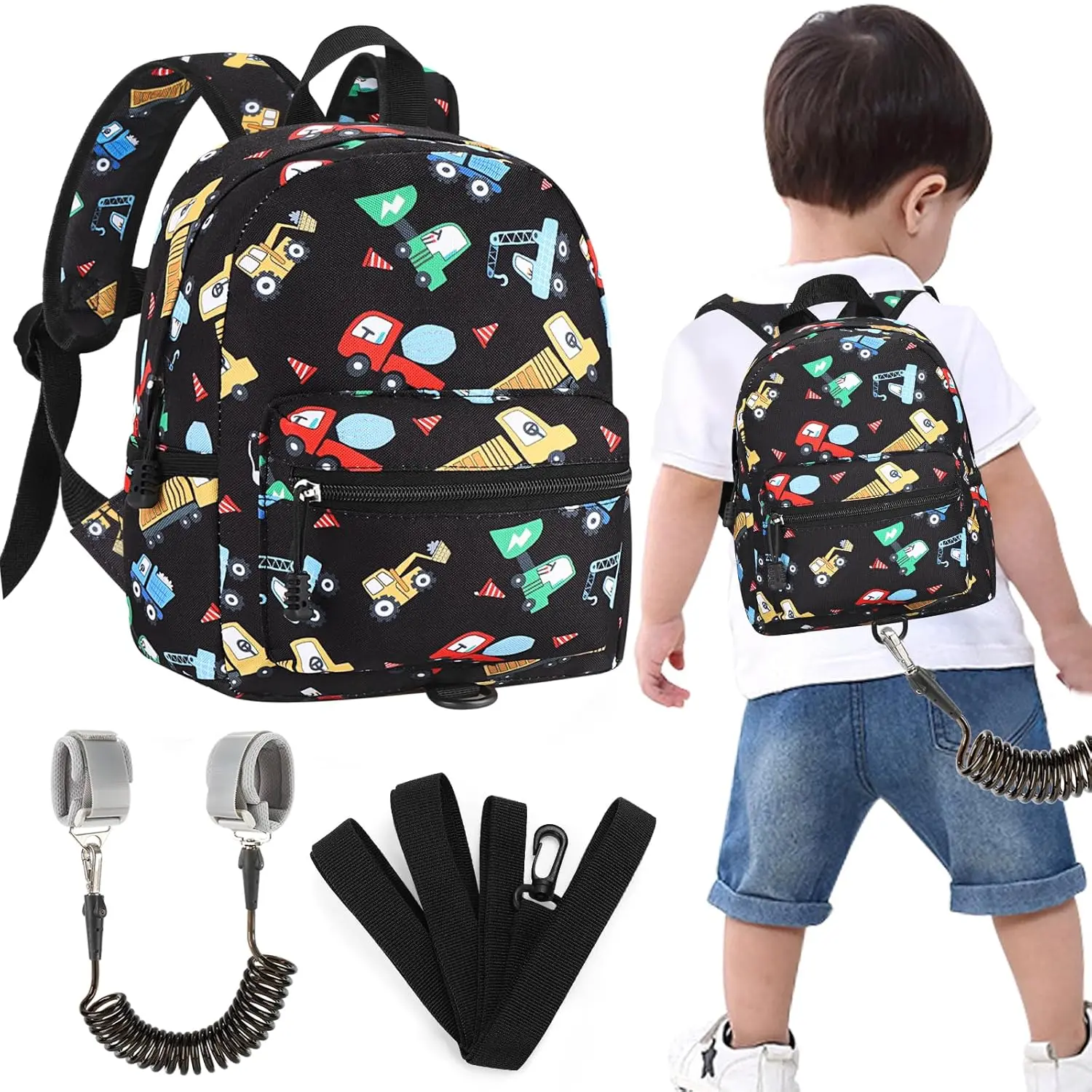 Toddler Anti-Lost Harness Backpack with Cute Excavator Design, Wrist Link Tether for Outdoor Walking, Mini Black Bag for 1-3 Years Old Boys Girls