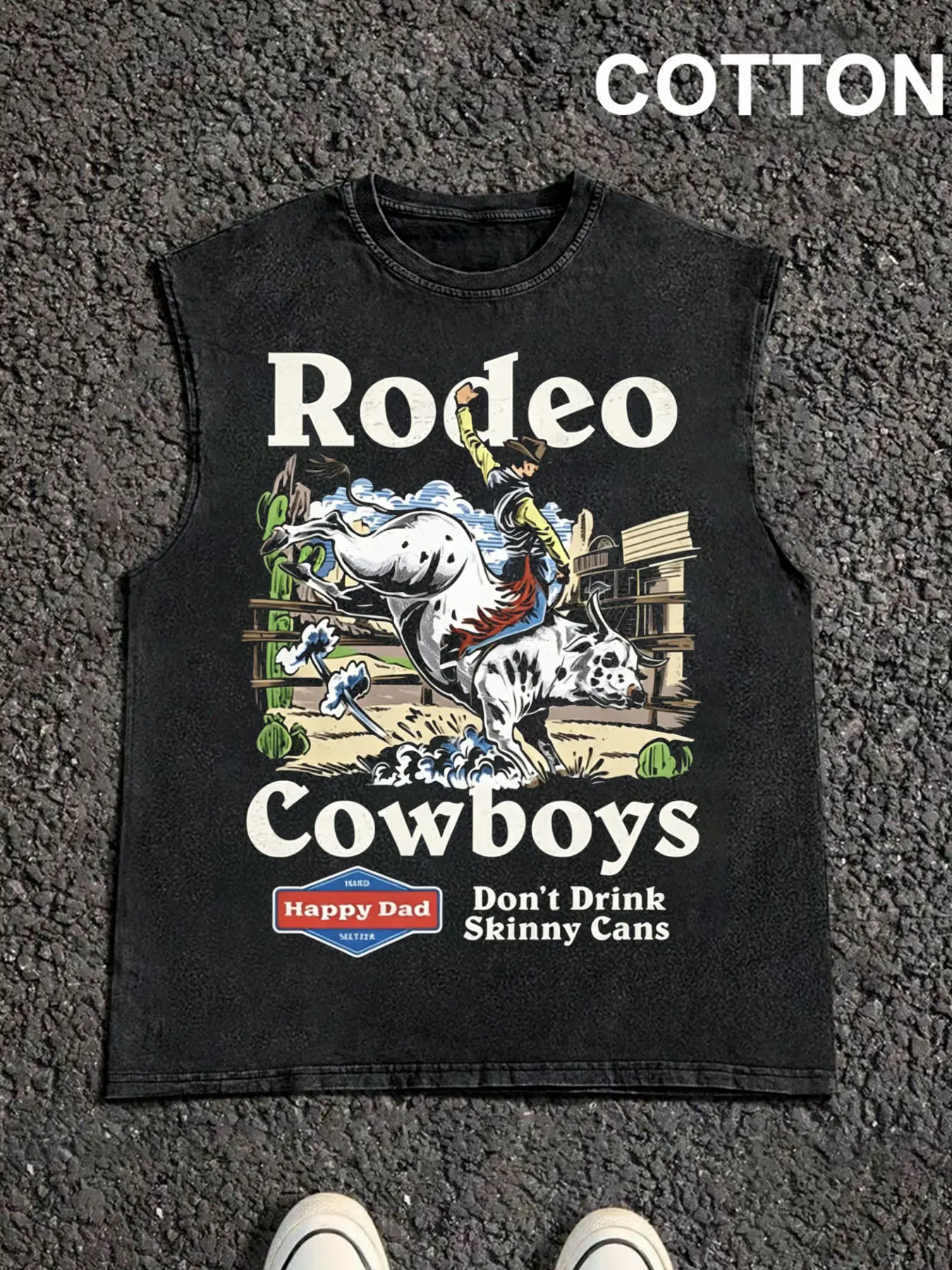 1 piece loose distressed wash graphic tank top featuring prints combining Western cowboy bull riding, country retro desert cactus, wooden fences, and Western small town elements; unisex, suitable for all seasons, ideal for beach vacations, outdoor cycling