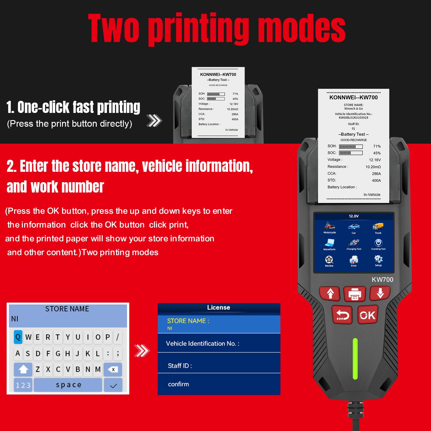 Car Battery Tester 12V 24V 100-2000CCA Lead-Acid Battery,KONNWEI KW700 Alternator Tester, Load Tester, with Built-in Printer, Spark Free Metal Clamps, Automatic Reverse Polarity Protection