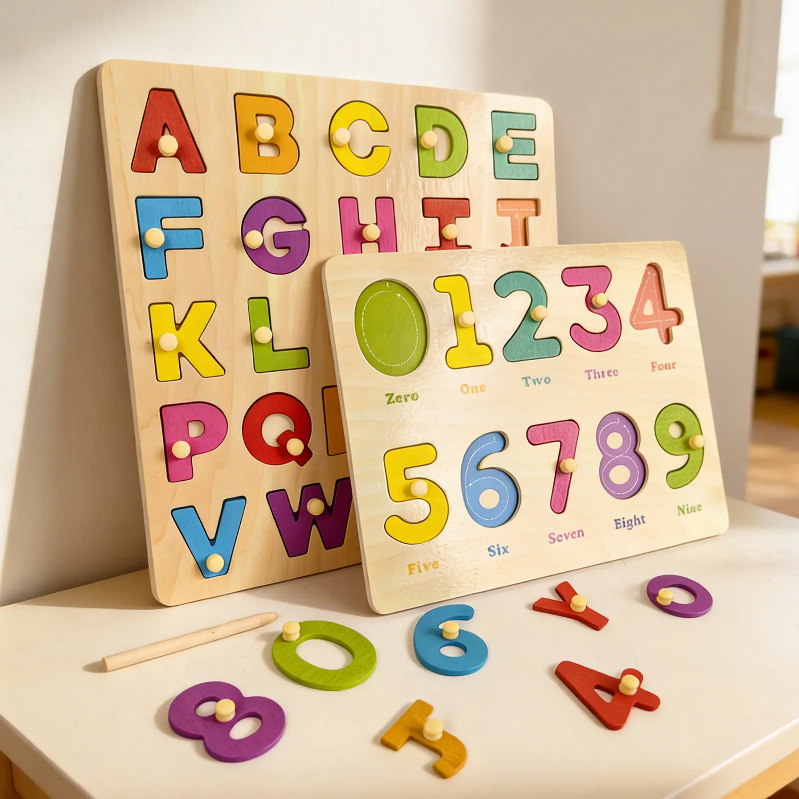 2 Pack Wooden ABC Alphabet & Number Peg Puzzles for Toddlers 1-4, Large peg Board with Mess-Free Wooden Tracing Stylus, Montessori Pre-Writing Learning Toy, Screen-Free Gift for Boys Girls