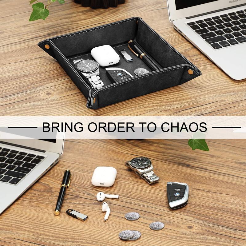 PU Leather Valet Tray Desktop Storage Organizer, Multi-Use & Durable Catchall Tray Bedside Vanity Tray Nightstand Caddy Holder, OCD-Friendly Box