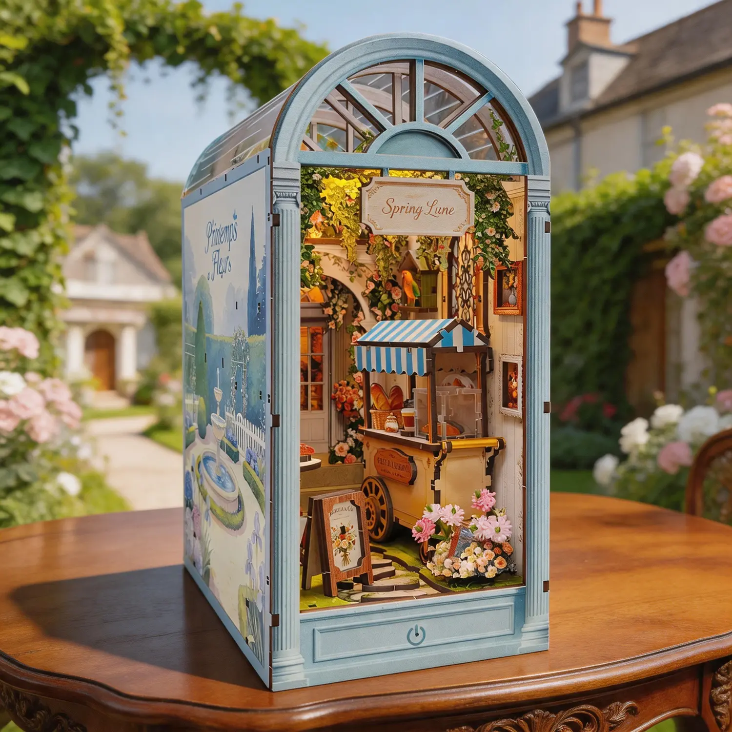 3D Solid Wood Book Nook Kit with LED Light, Stickers, Wires, Laser Cut French Alley Miniature House, Insert Bookend Decor, DIY Mini Scene Model, Bookshelf Gift for Adults 14+
