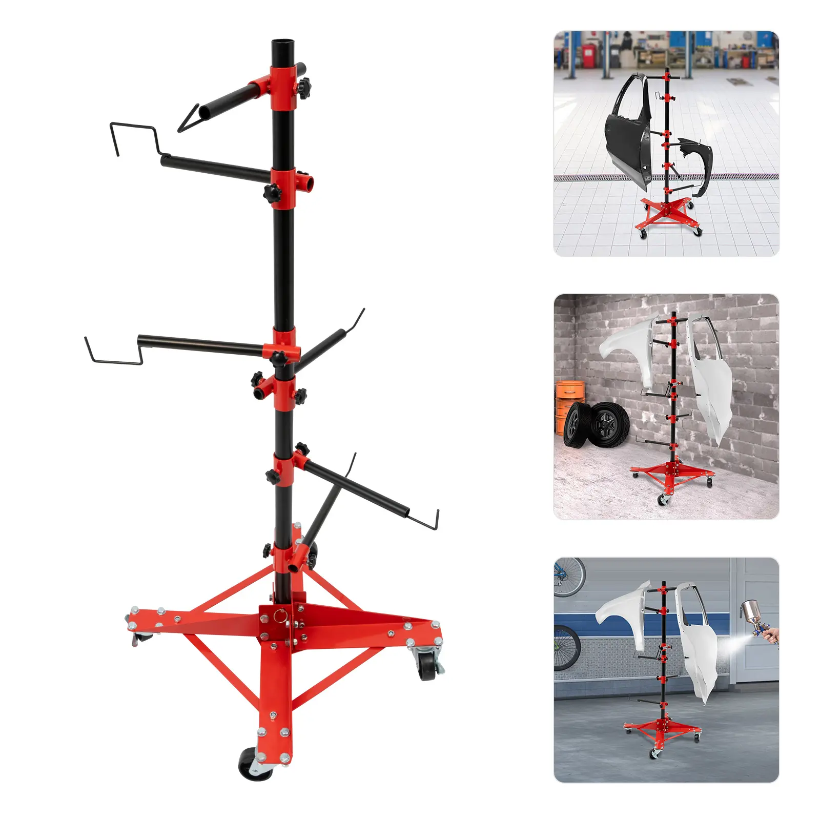 CNCEST Panel Tree Paint Stand Adjustable Center Post Hang for Automotive Doors Fenders with Red Base and Black Top Iron Material 6 Hooks 4 Wheels Free Standing