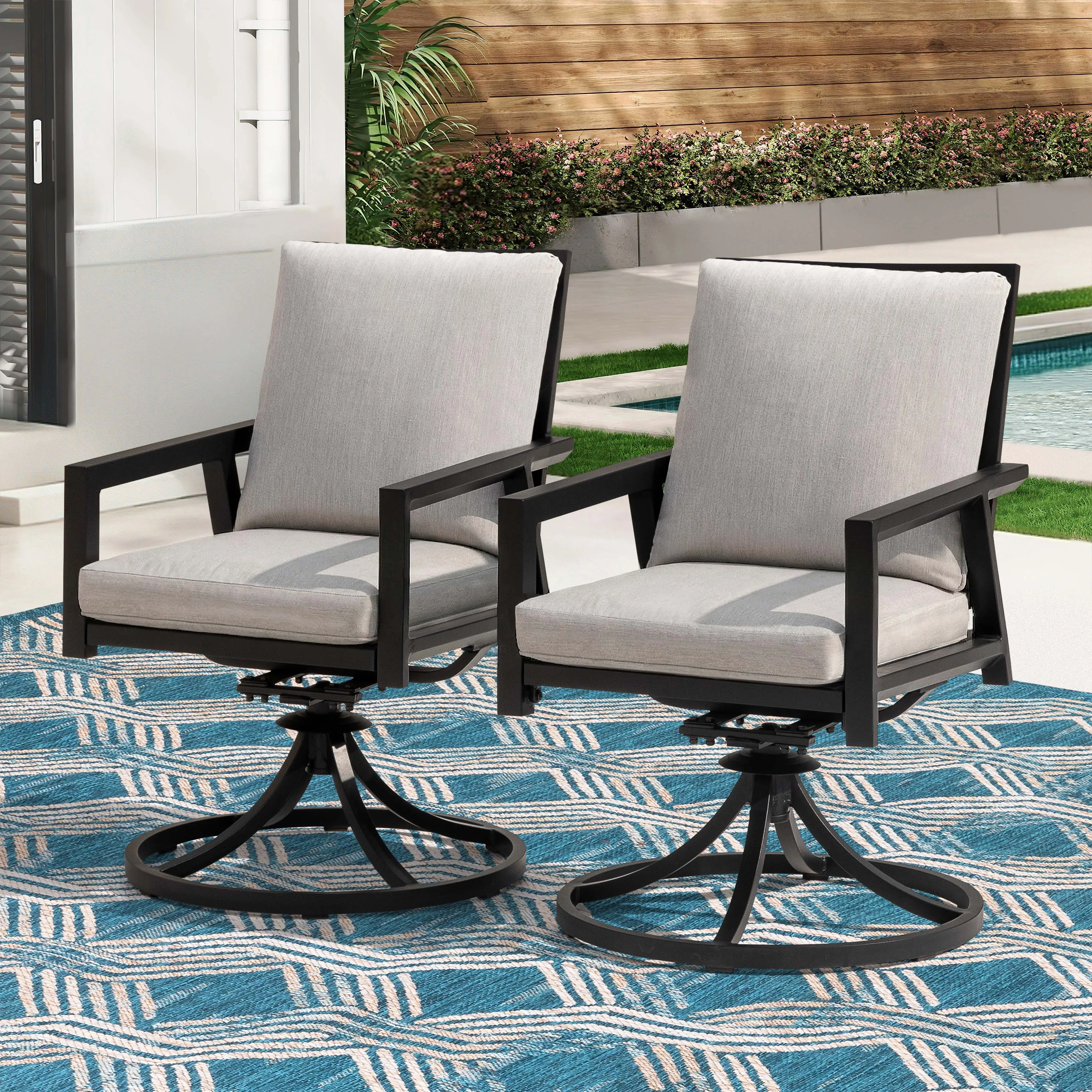 Outdoor 2-Piece Aluminum Swivel Chairs with Gray Cushions