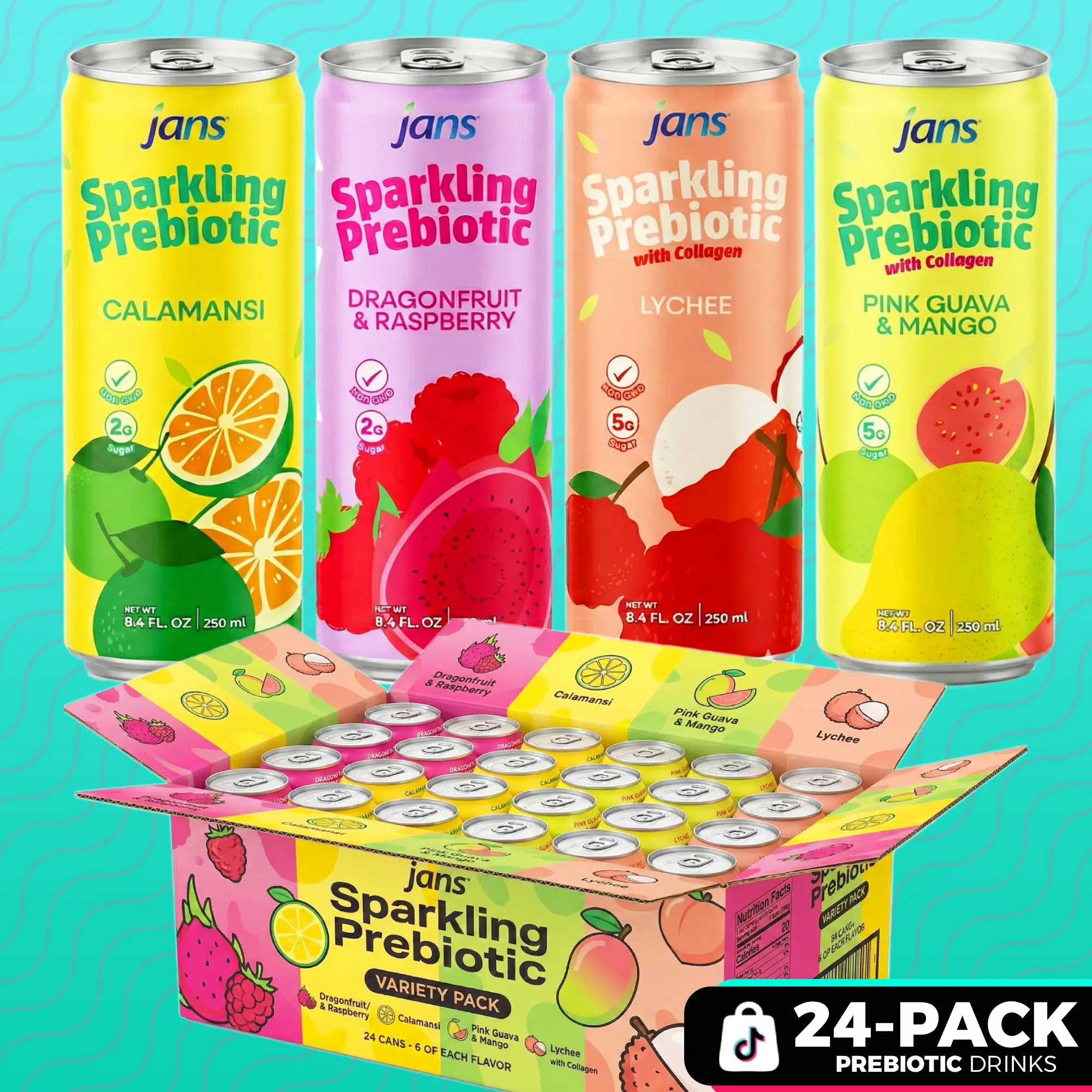 Jans Sparkling Prebiotic Soda Beverage – Low Calorie, No Added Sugar – Non-GMO Sparkling Fruit Beverage – Gut Health Support – Naturally Refreshing Canned 8.4Fl Oz