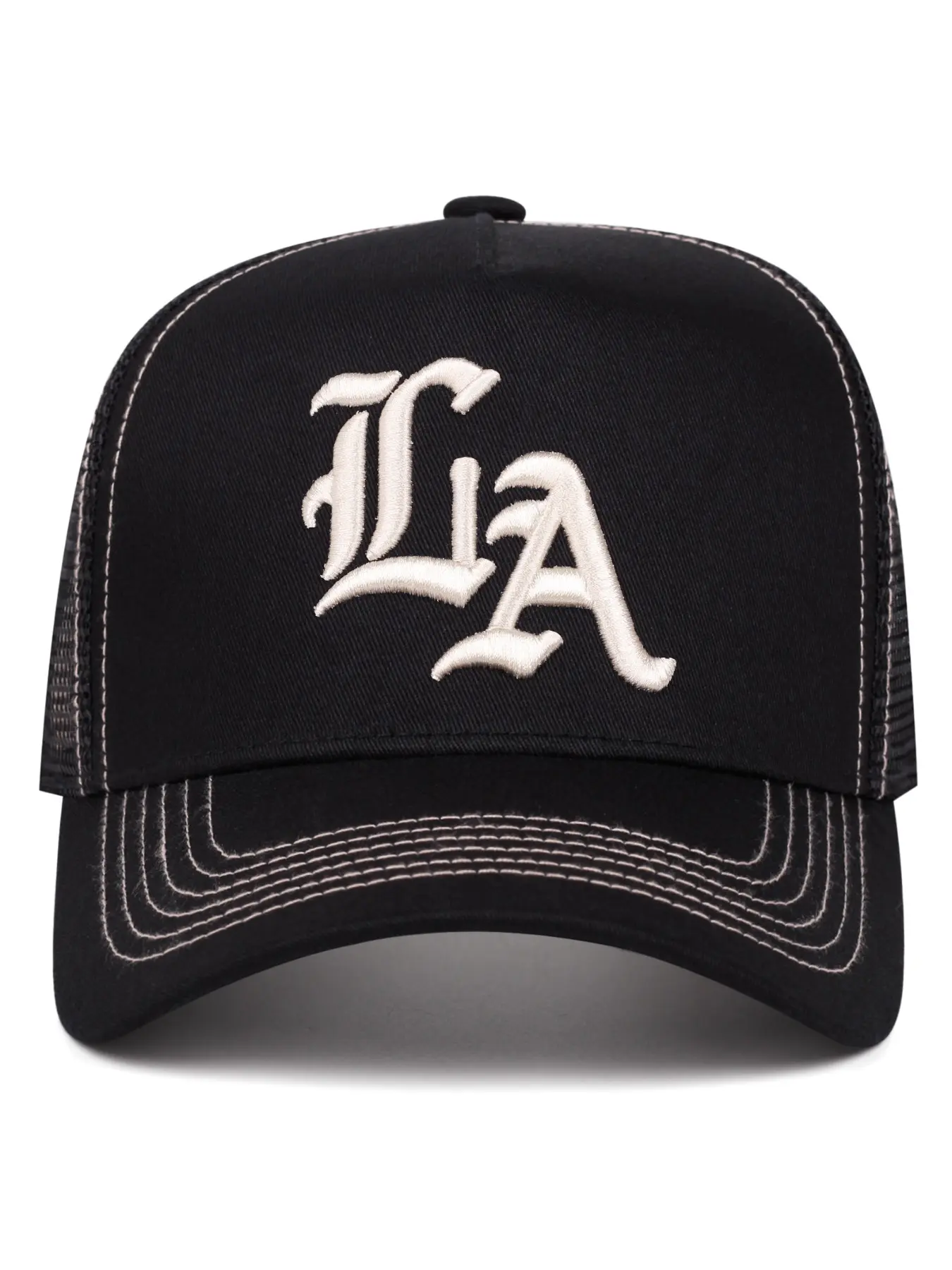 1pcs hat LA Embroidered Mesh Trucker Cap, Black Curved Brim Streetwear Baseball Hat, Adjustable Snapback Hat