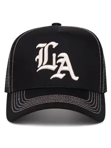 1pcs hat LA Embroidered Mesh Trucker Cap, Black Curved Brim Streetwear Baseball Hat, Adjustable Snapback Hat