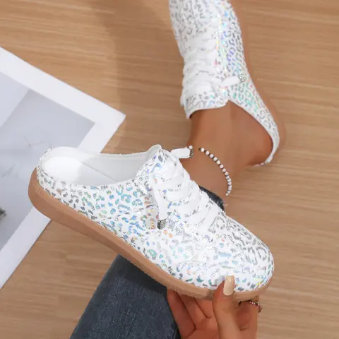 Women's Leopard-Print Mule Sneakers, PU Leather Mules, Holographic Glitter Slip-On Backless Flats, Breathable Summer Walking Shoes