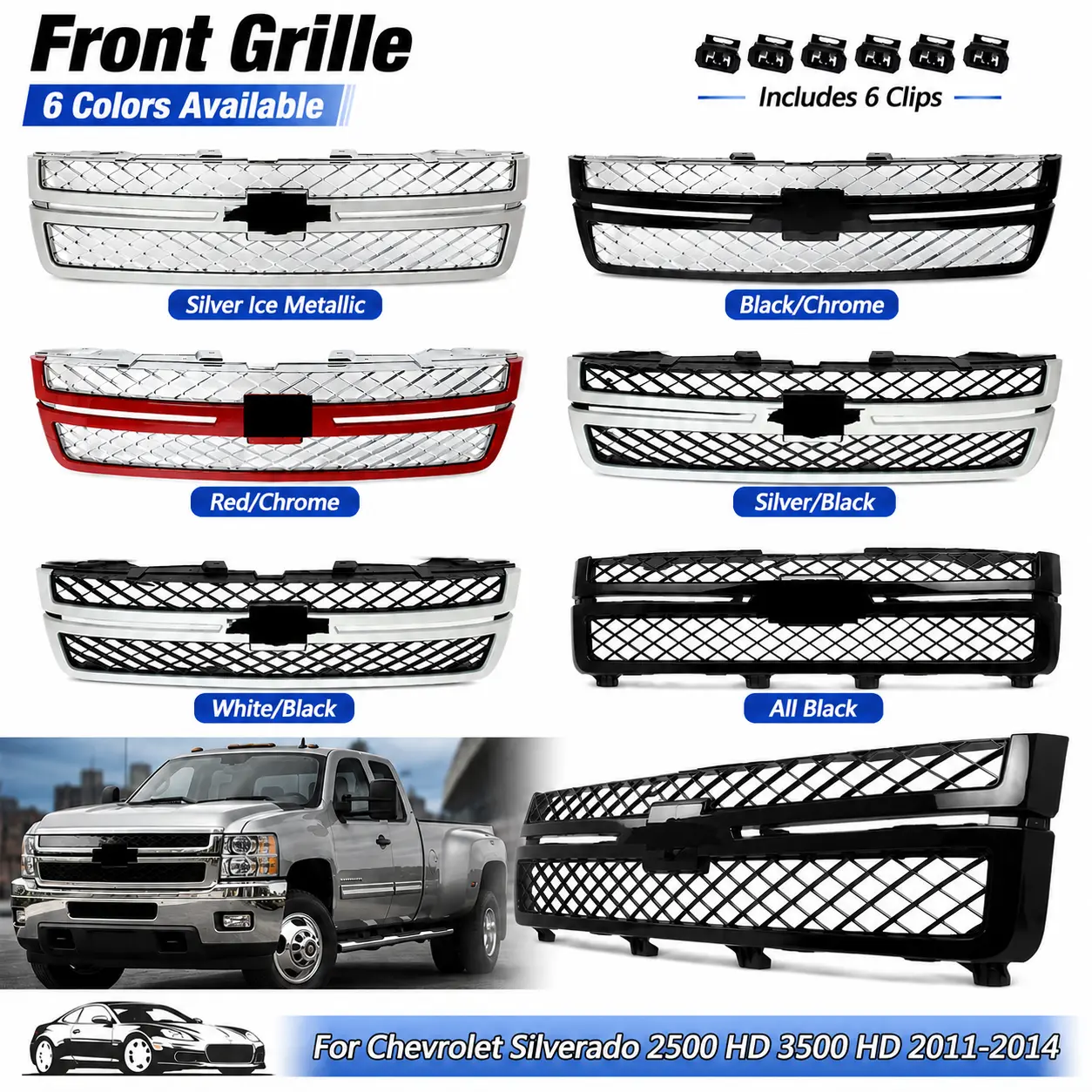 Front Bumper Grille for Chevrolet Silverado 2500HD 3500HD 2011-2014, Painted Mesh-Style Grille with Black, Chrome, White, Red, Silver Options, Clip-On Direct Replacement, OEM Replace, Easy to Install, Automotive