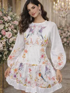 Floral Bird Print Mini Dress Women Elegant Long Sleeve Summer Dress Romantic Floral Dress Boho Cottagecore Vacation Dress Lightweight Tiered A-Line Dress Spring Outfit  Category
