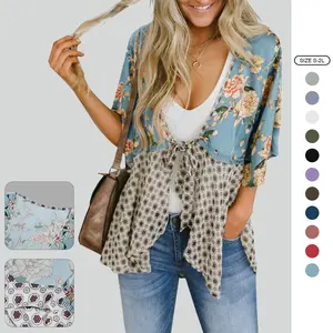Imily Bela Womens Floral Boho Patchwork Kimono Cover Ups Ruffle Short Sleeve Chiffon Lightweight Cardigans