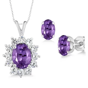 Gem Stone King Halo Gemstone Pendant Necklace Stud Earrings Jewelry Set in 925 Sterling Silver | Oval Birthstone 8X6MM 6X4MM | 18 Inch Chain | Gifts for Women Mom Her