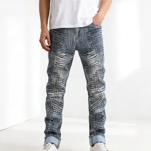 Men's Versatile Street Style Straight-cut Printed Vintage Slim-fitting Elastic Casual Jeans-069- Casual Pants Shoe Beige Plain